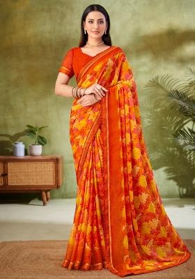 Orange Printed Chiffon Saree Set