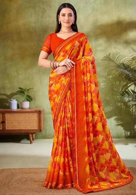 Orange Printed Chiffon Saree Set — view on Indya