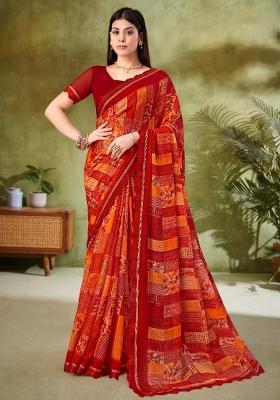 Red Printed Chiffon Saree Set