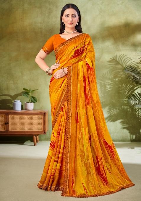 Yellow Printed Chiffon Saree Set