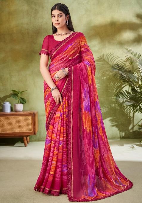 Pink Printed Chiffon Saree Set — view on Indya