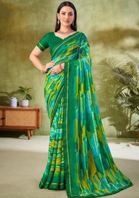 Green Printed Chiffon Saree Set — view on Indya