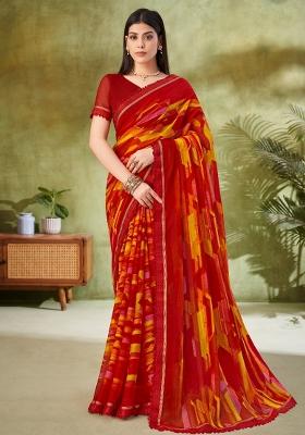 Red Printed Chiffon Saree Set