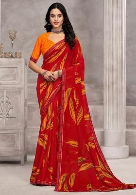 Red Printed Chiffon Saree Set