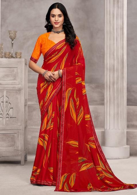 Red Printed Chiffon Saree Set — view on Indya