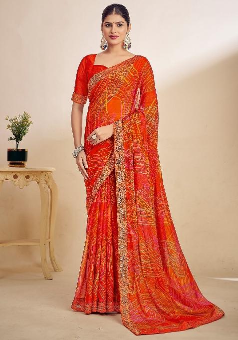 Orange Printed Chiffon Saree Set — view on Indya