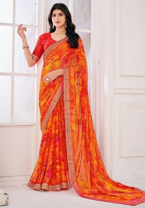 Orange Printed Chiffon Saree Set — view on Indya