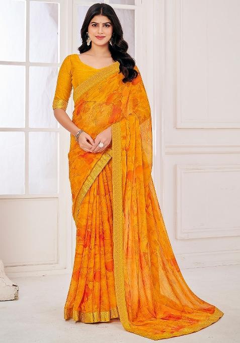 Yellow Printed Chiffon Saree Set