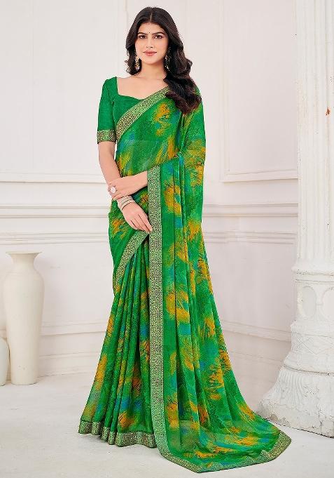 Green Printed Chiffon Saree Set — view on Indya