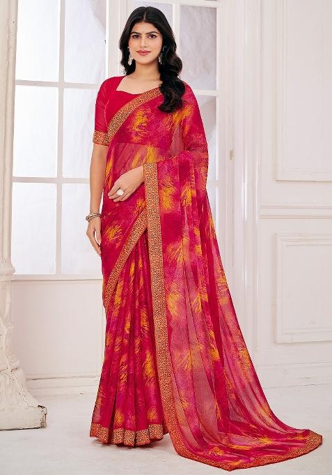 Pink Printed Chiffon Saree Set — view on Indya