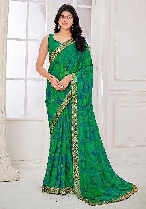 Green Printed Chiffon Saree Set — view on Indya