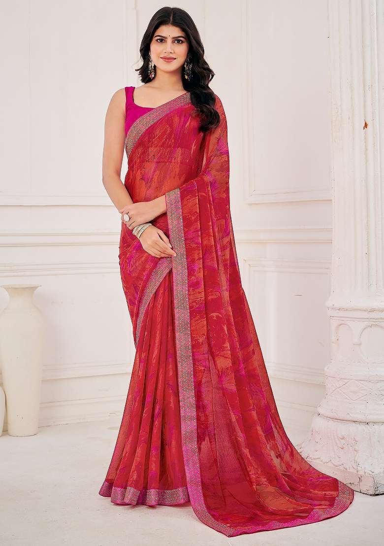 Pink Printed Chiffon Saree Set - Indya