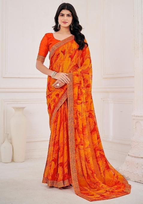 Orange Printed Chiffon Saree Set — view on Indya
