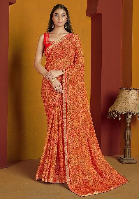 Orange Printed Chiffon Saree Set — view on Indya