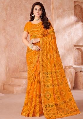 Yellow Printed Chiffon Saree Set