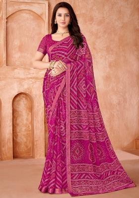 Pink Printed Chiffon Saree Set