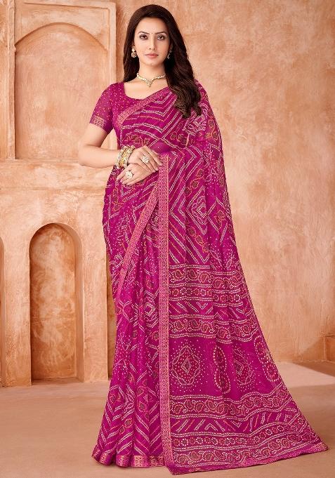 Pink Printed Chiffon Saree Set — view on Indya