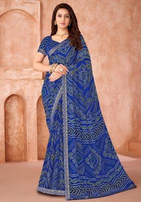 Blue Printed Chiffon Saree Set