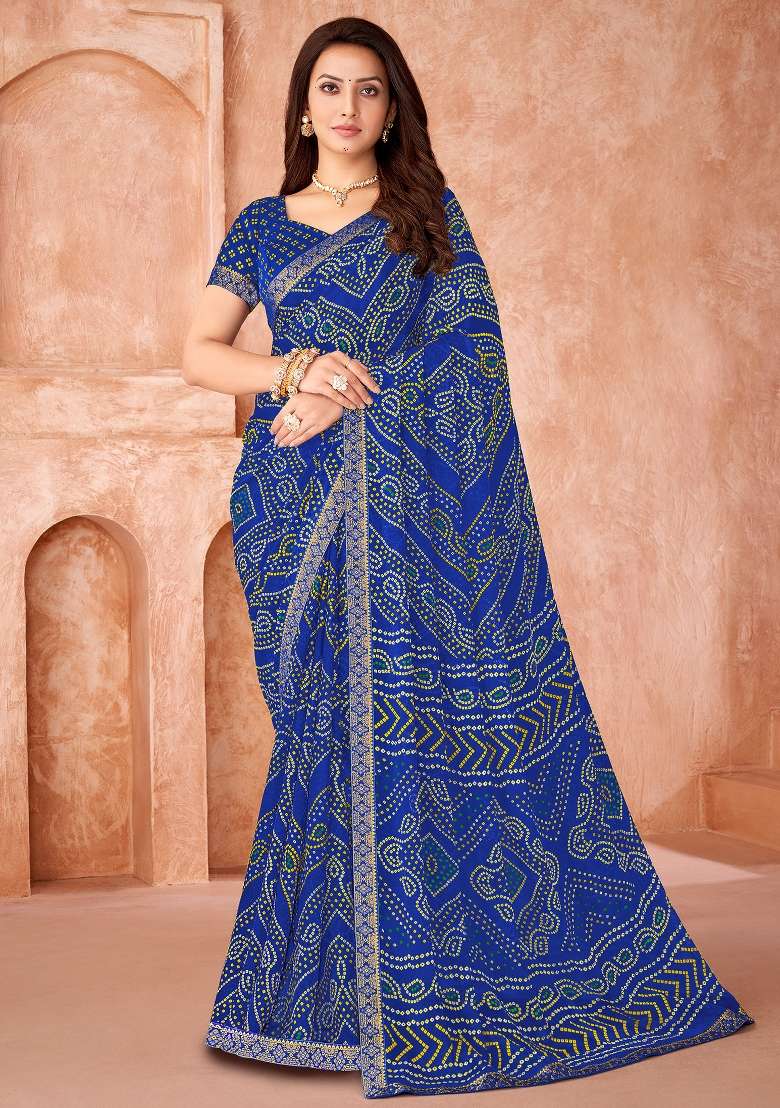 Blue Printed Chiffon Saree Set - Indya