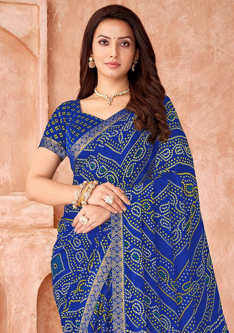 Blue Printed Chiffon Saree Set - Indya