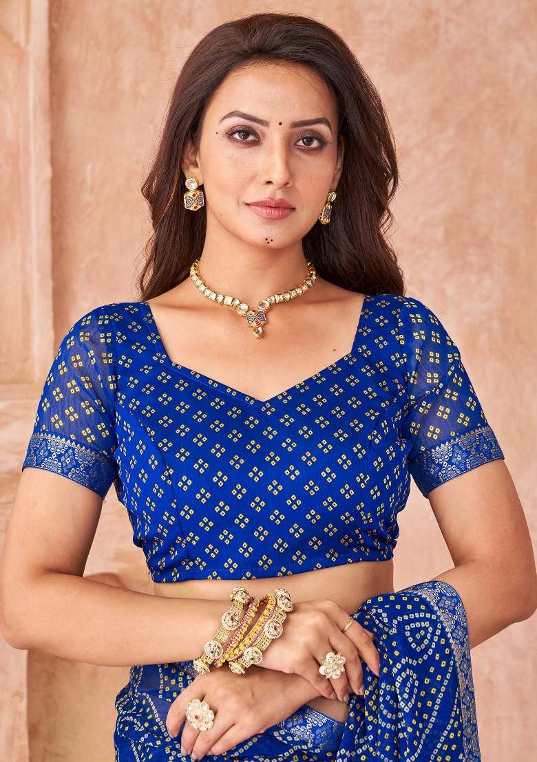 Blue Printed Chiffon Saree Set - Indya