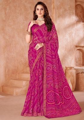 Pink Printed Chiffon Saree Set