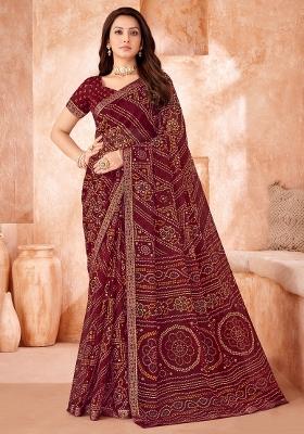 Burgundy Printed Chiffon Saree Set