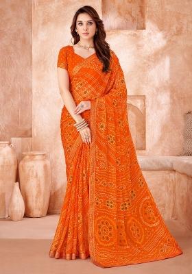 Orange Printed Chiffon Saree Set