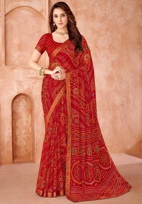 Red Printed Chiffon Saree Set