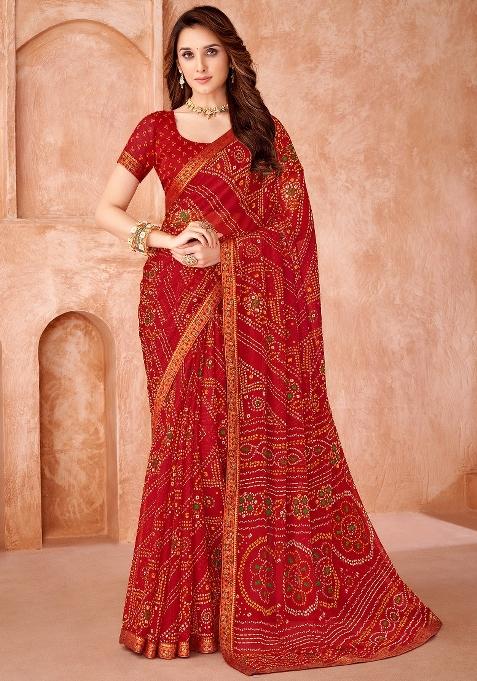 Red Printed Chiffon Saree Set — view on Indya