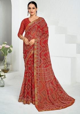Red Printed Chiffon Saree Set
