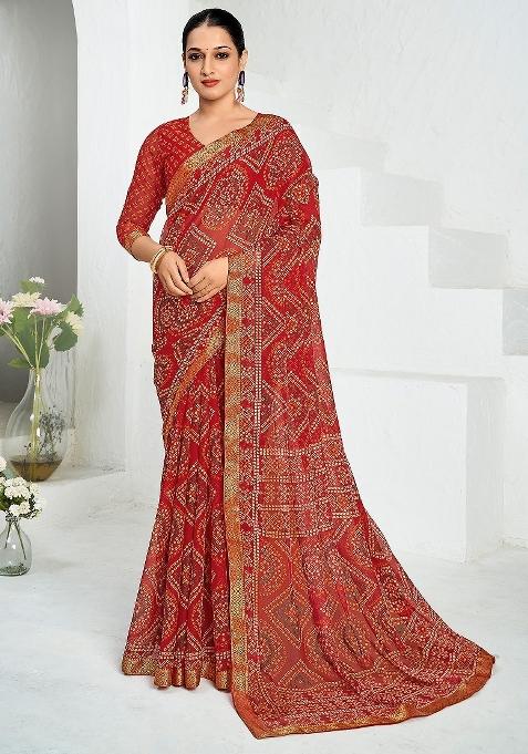 Red Printed Chiffon Saree Set — view on Indya