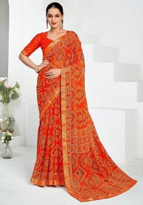 Orange Printed Chiffon Saree Set