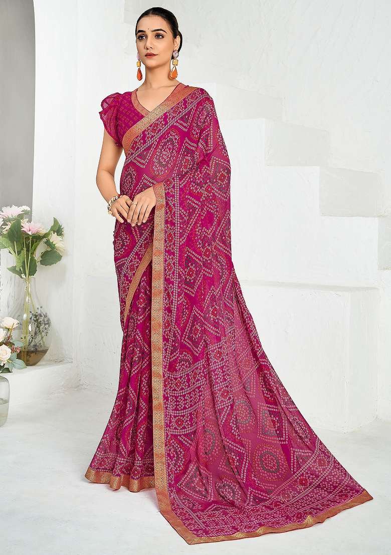 Pink Printed Chiffon Saree Set - Indya