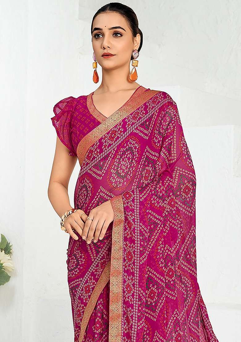 Pink Printed Chiffon Saree Set - Indya