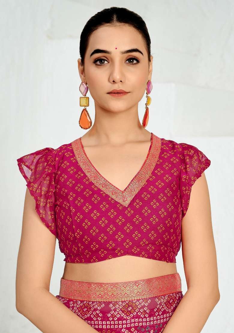 Pink Printed Chiffon Saree Set - Indya
