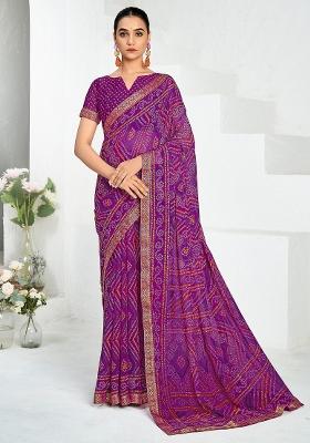 Purple Printed Chiffon Saree Set