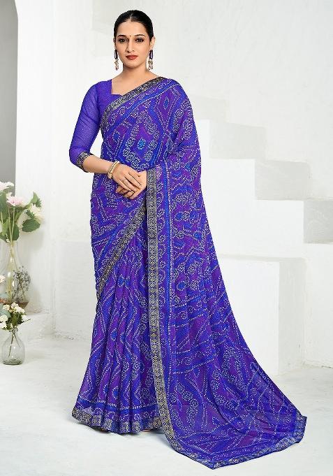 Blue Printed Chiffon Saree Set — view on Indya