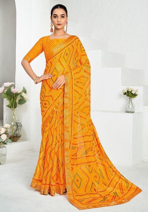 Yellow Printed Chiffon Saree Set — view on Indya
