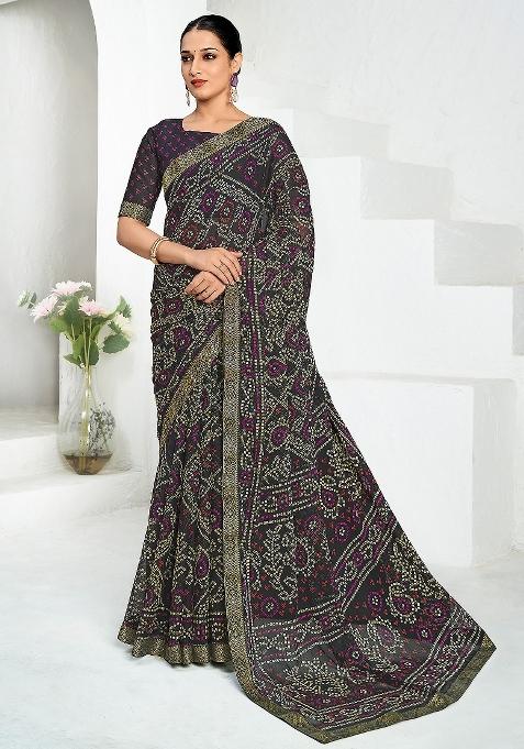 Black Printed Chiffon Saree Set — view on Indya