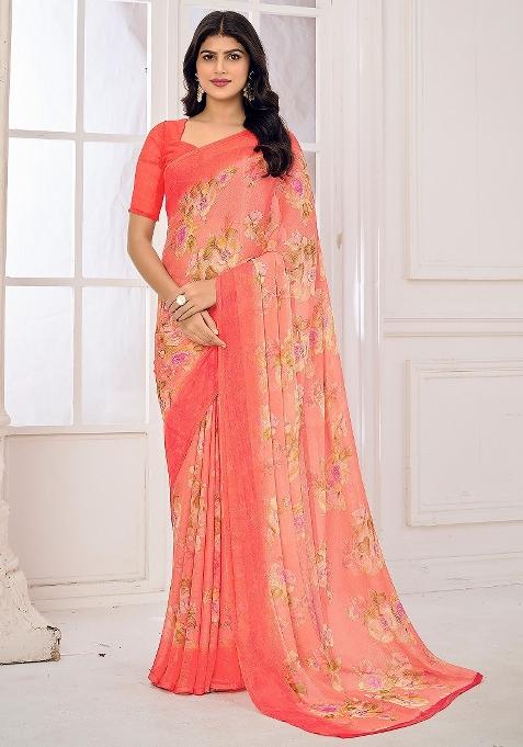 Peach Printed Chiffon Saree Set — view on Indya
