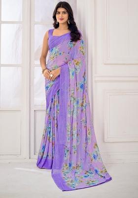 Lavender Printed Chiffon Saree Set