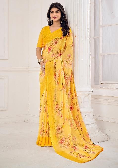 Yellow Printed Chiffon Saree Set — view on Indya