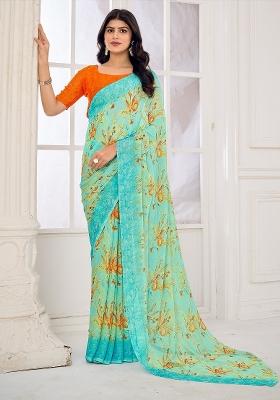 Light Blue Printed Chiffon Saree Set