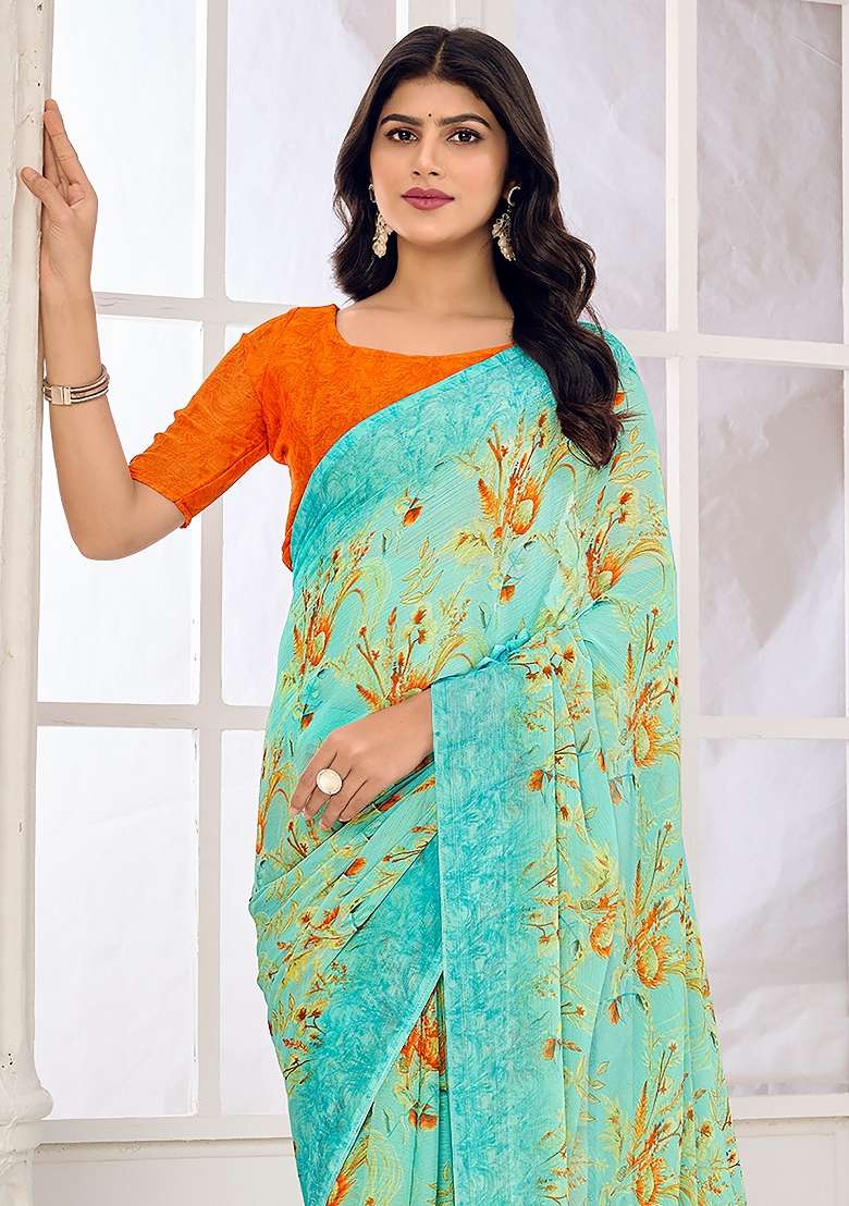 Light Blue Printed Chiffon Saree Set - Indya