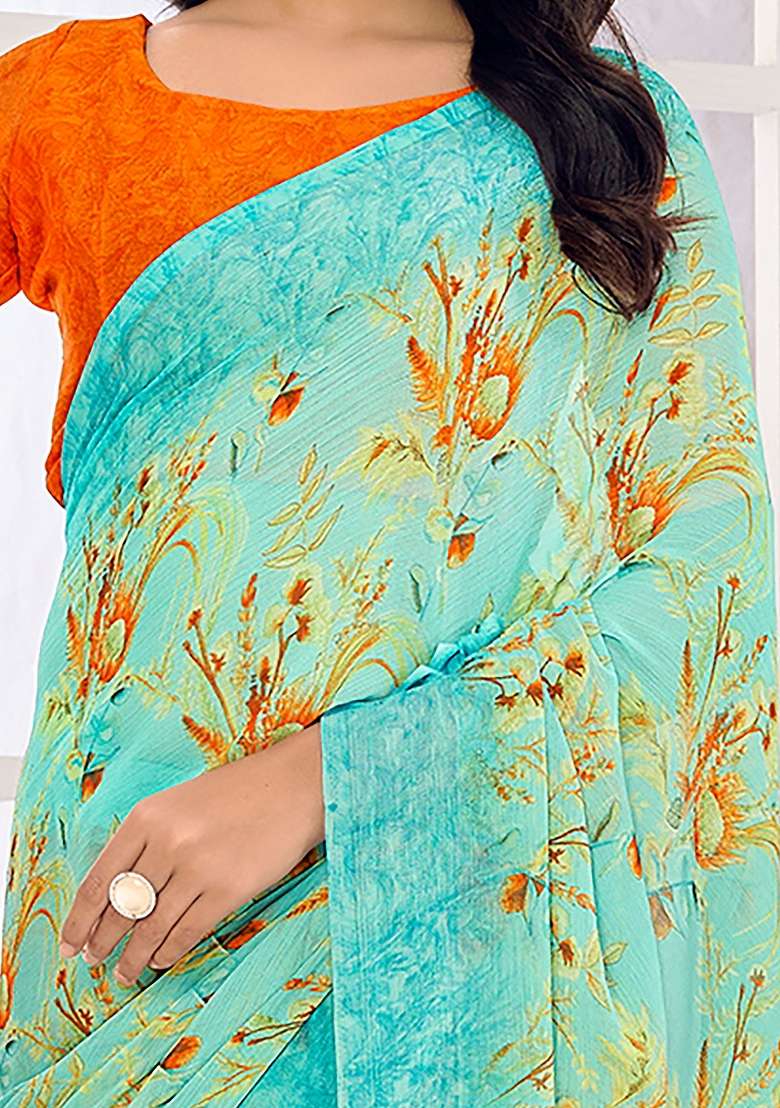 Light Blue Printed Chiffon Saree Set - Indya