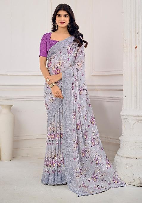 Grey Printed Chiffon Saree Set — view on Indya