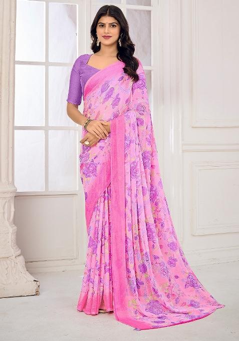 Pink Printed Chiffon Saree Set — view on Indya
