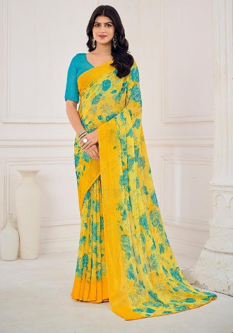 Yellow Printed Chiffon Saree Set — view on Indya