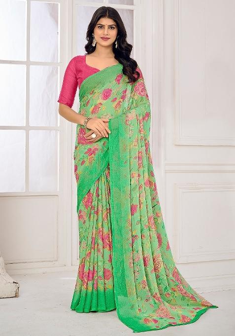 Light Green Printed Chiffon Saree Set — view on Indya